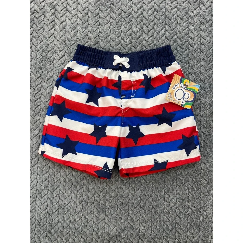 Stars Stripes Baby Boys Red White Blue Ocean Pacific Swim Trunks UPF 50+ 3-6M